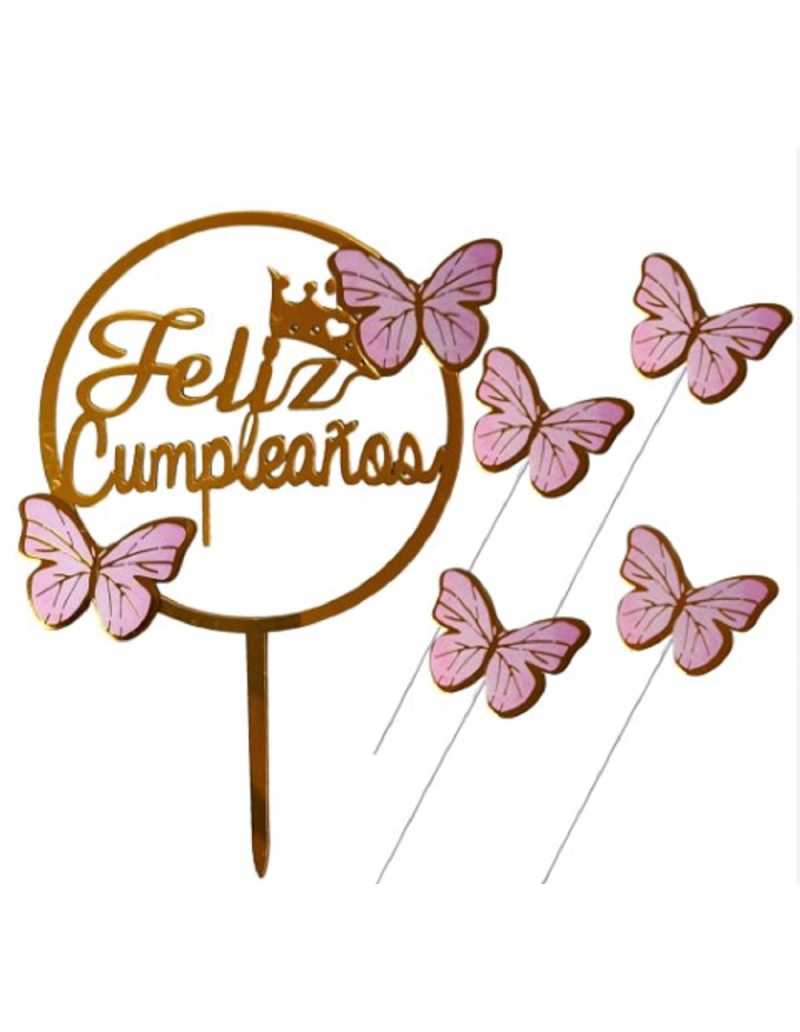 CAKE TOPPER FELIZ CUMPLEAÑOS ACRILICO CON MARIPOSAS 5 PIEZAS ROSA